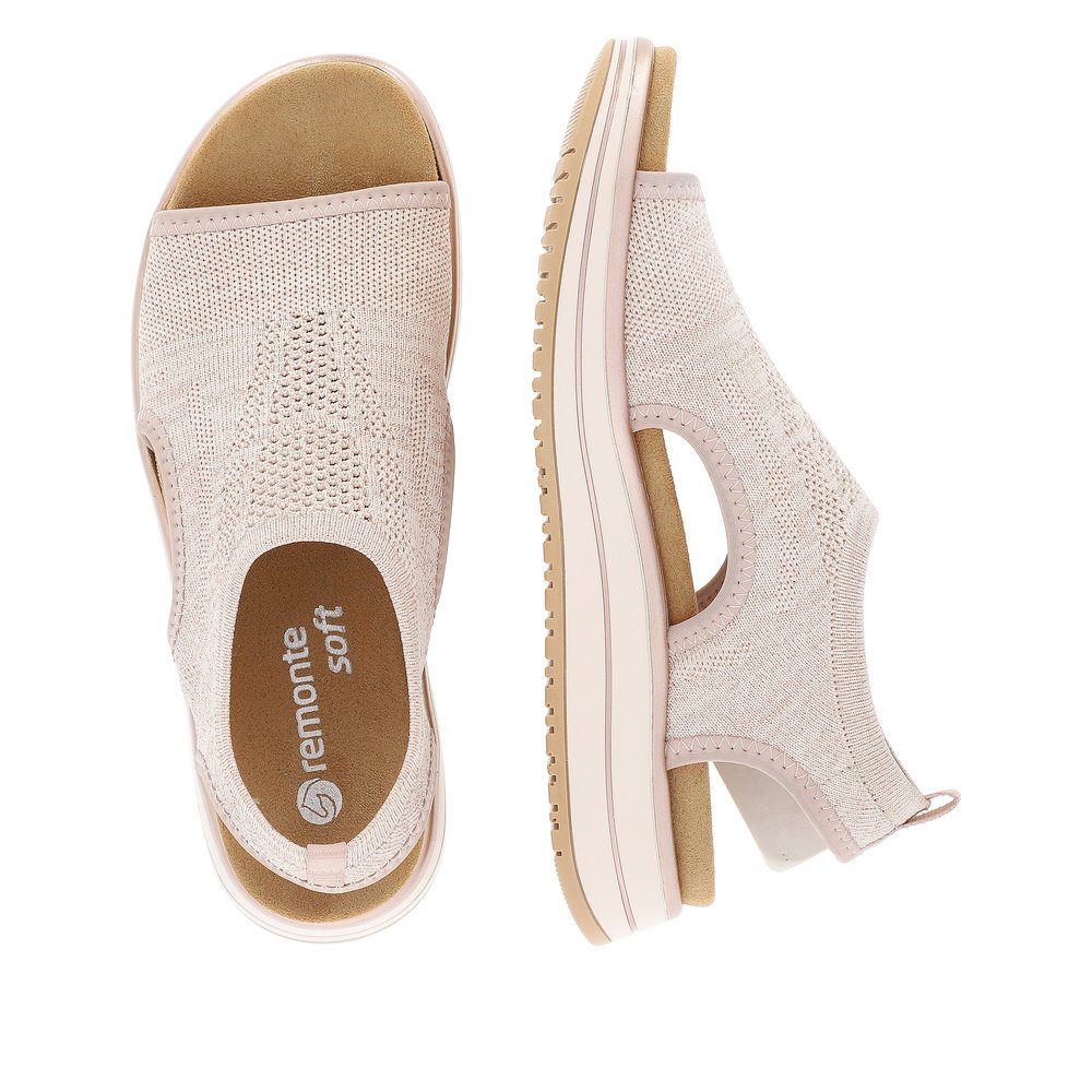 Powder pink remonte women´s strap sandals D1J52-31 with elastic insert. Shoe from the top, lying.