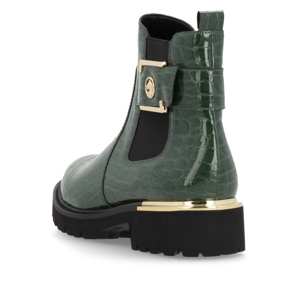 Fir green remonte women´s Chelsea boots D8684-54 with a golden decorative element. Shoe from the back.