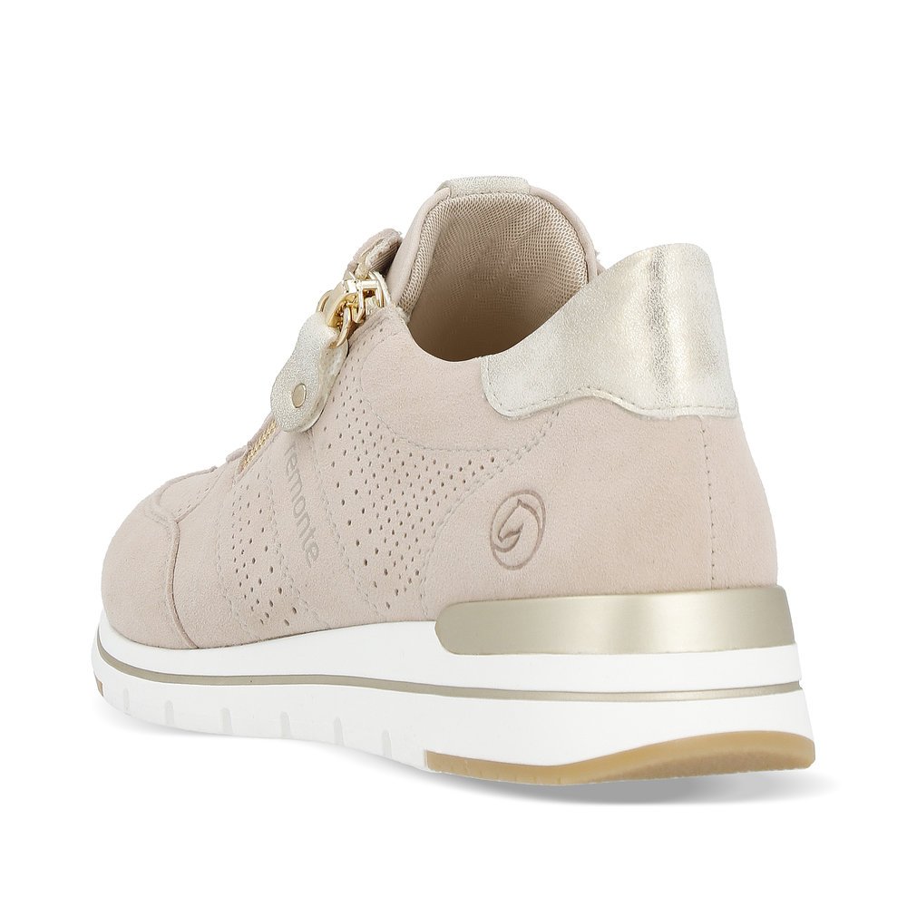 Clay beige remonte women´s sneakers R6705-60 with zipper and comfort width G. Shoe from the back.