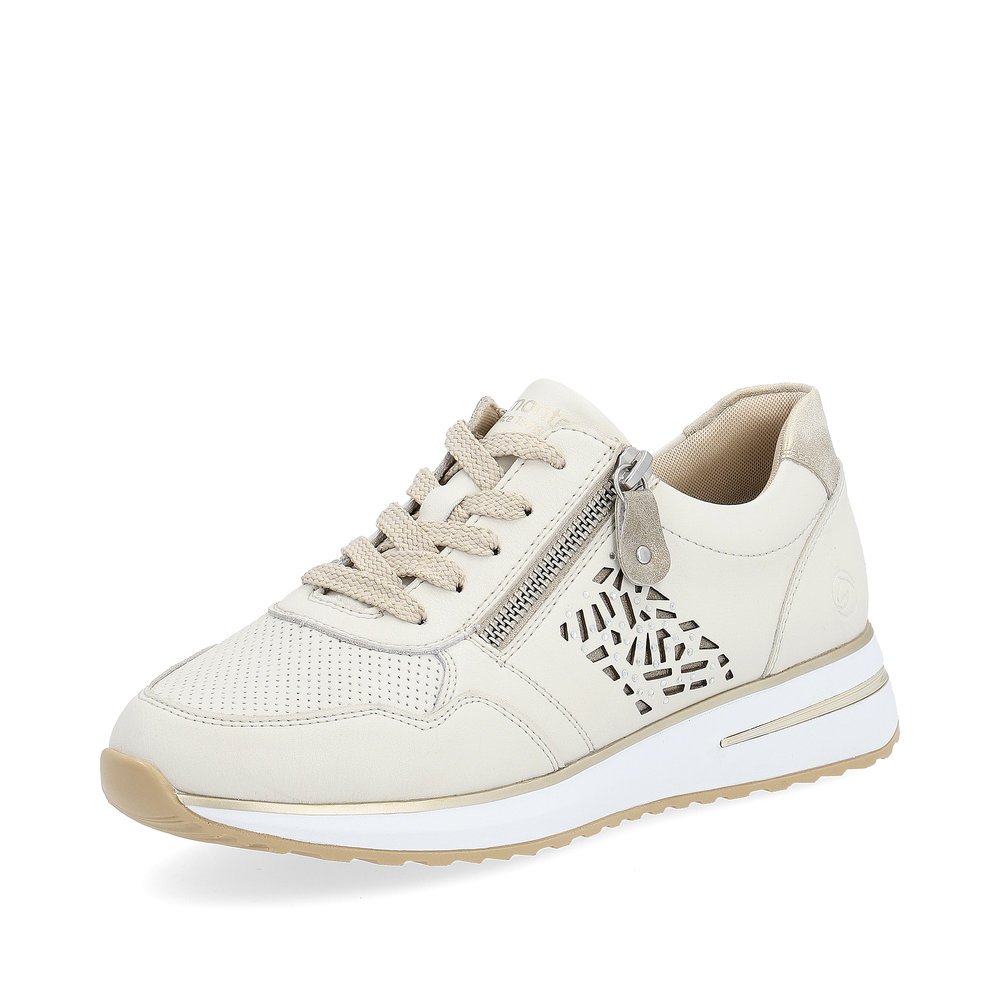 White remonte women´s sneakers D1G00-81 with zipper and padded exchangeable footbed. Shoe laterally.