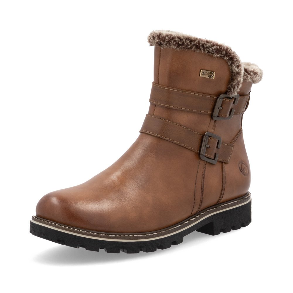 Braune remonte Damen Kurzstiefel D8484-24 mit wasserabweisender TEX-Membran. Schuh seitlich schräg.