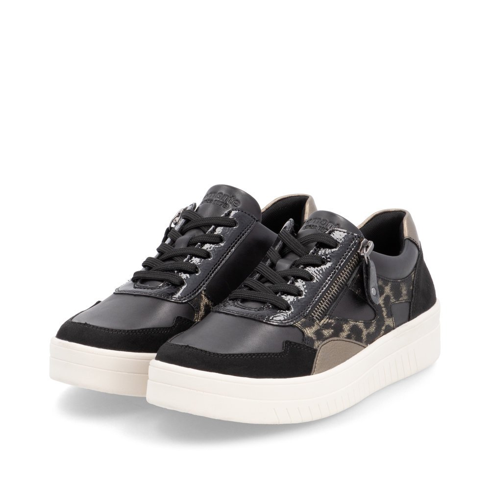 Night black remonte women´s sneakers D0J04-03 with animal print as well as a zipper. Shoes laterally.