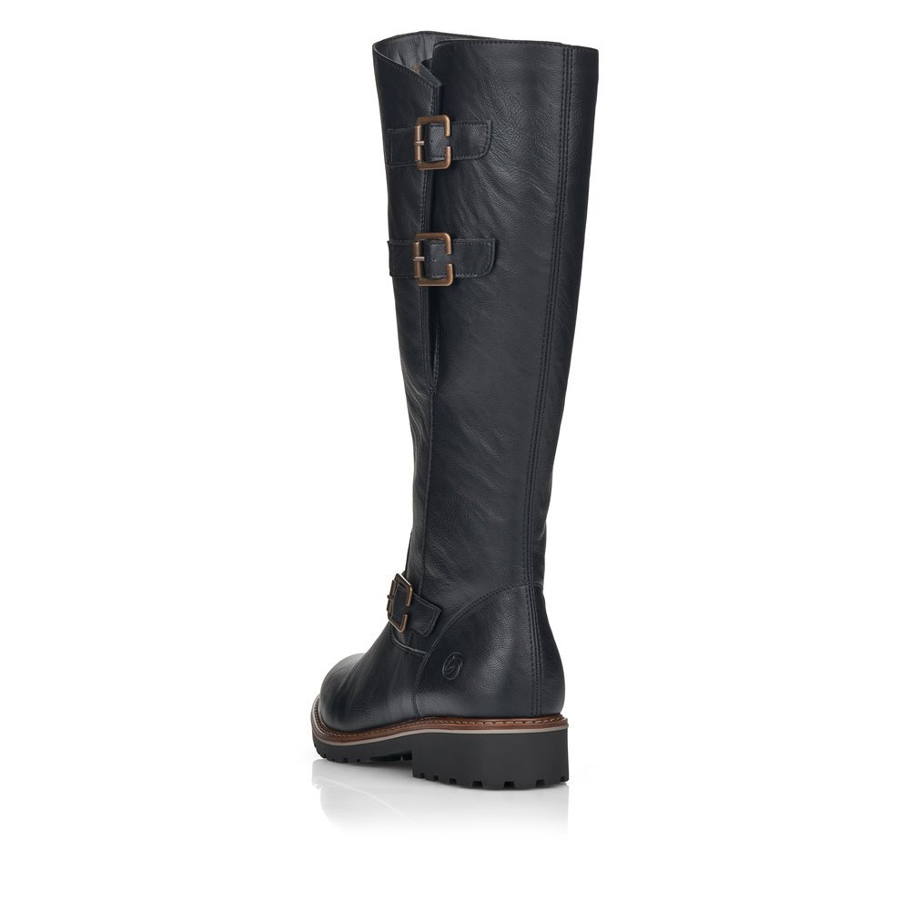 Bottes à tige haute remonte noires pour femme R6590-01. Chaussure vue de l'arrière.