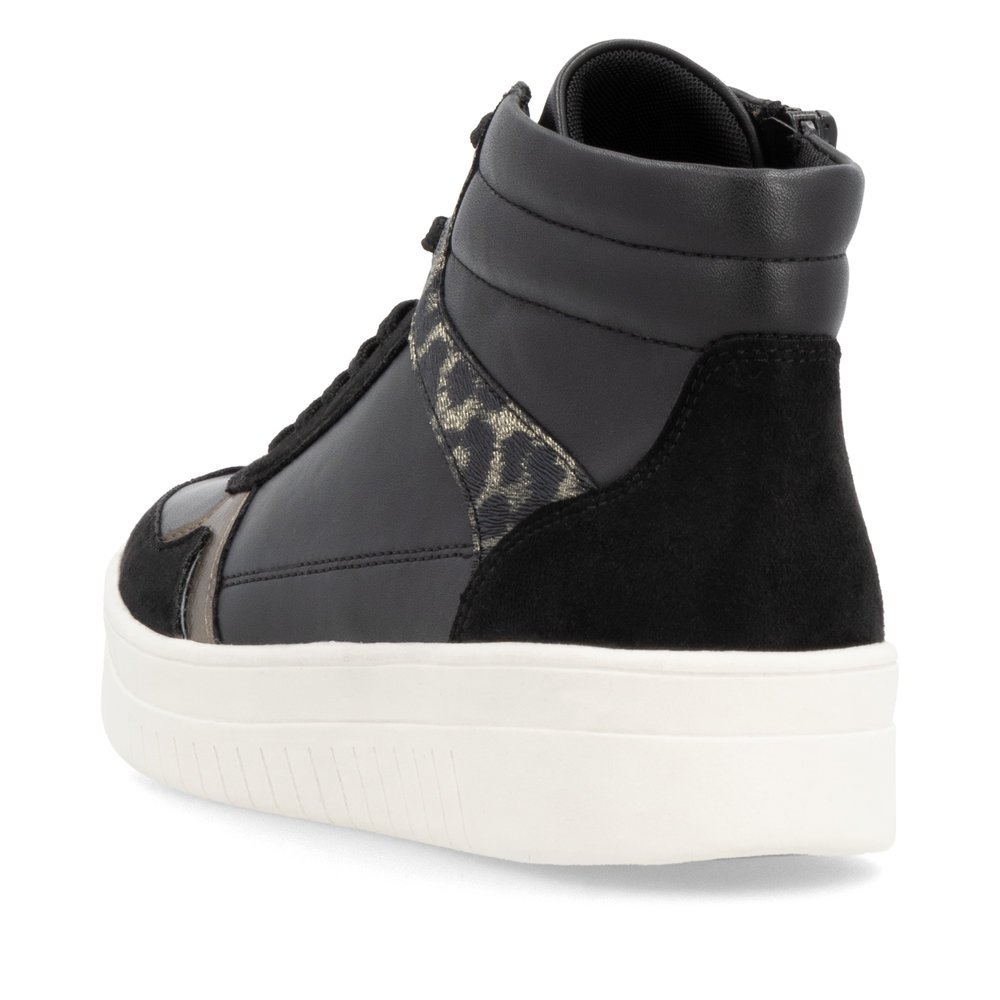 Asphalt black remonte women´s sneakers D0J71-03 with animal print as well as zipper. Shoe from the back.