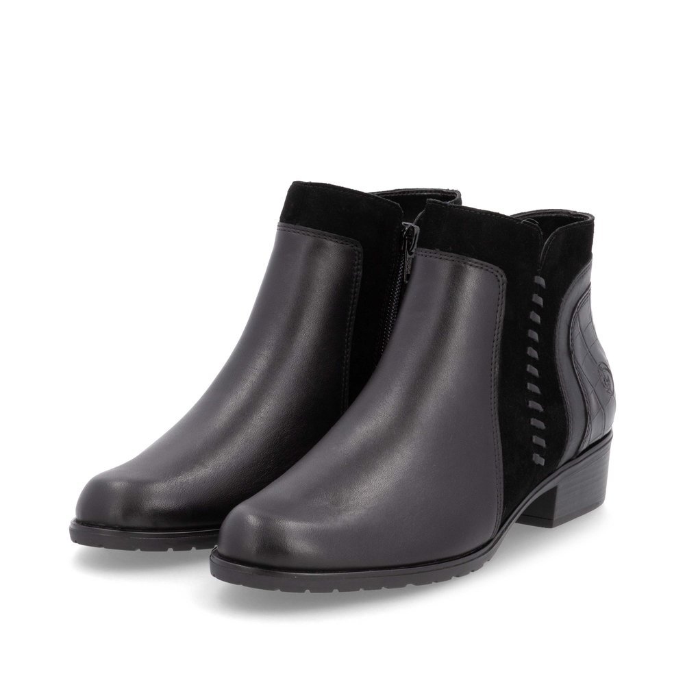 Steel black remonte women´s ankle boots D6893-02 with stylish decorative stitching. Shoes laterally.