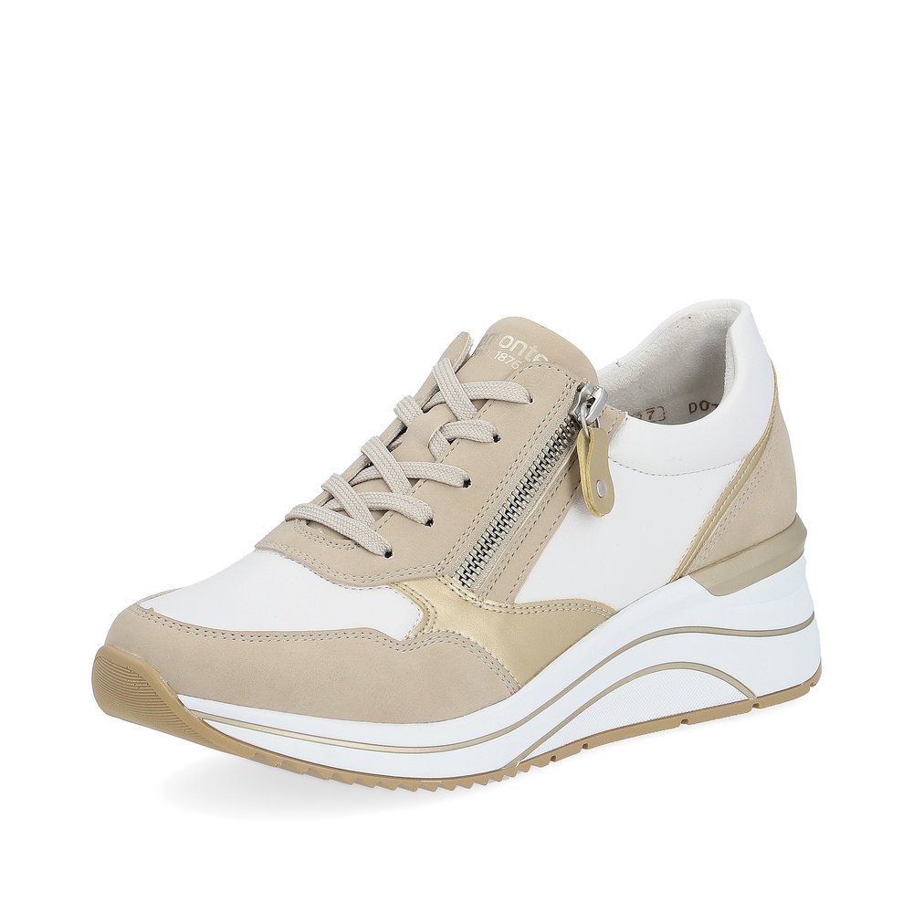 Beige vegan remonte women´s sneakers D0T01-80 with zipper and extra width H. Shoe laterally.
