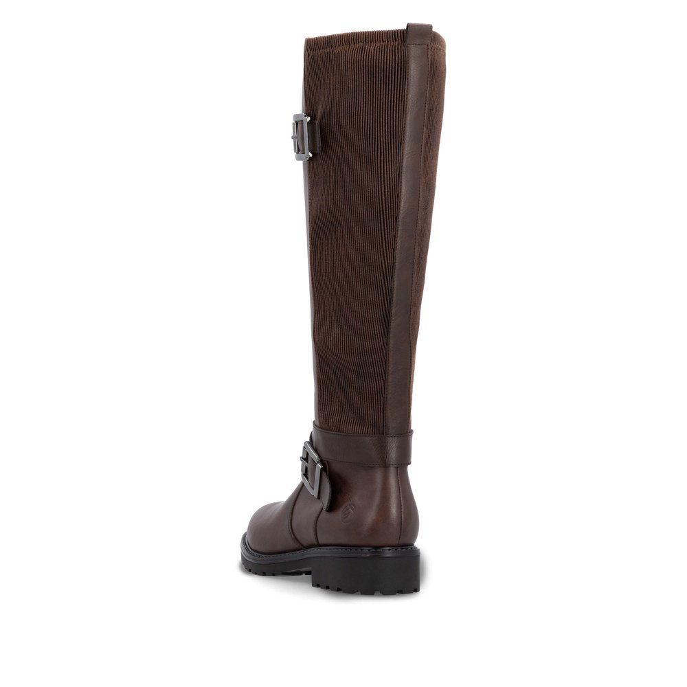 Brown remonte women´s high boots R6593-25 with decorative buckles as well as zipper. Shoe from the back.