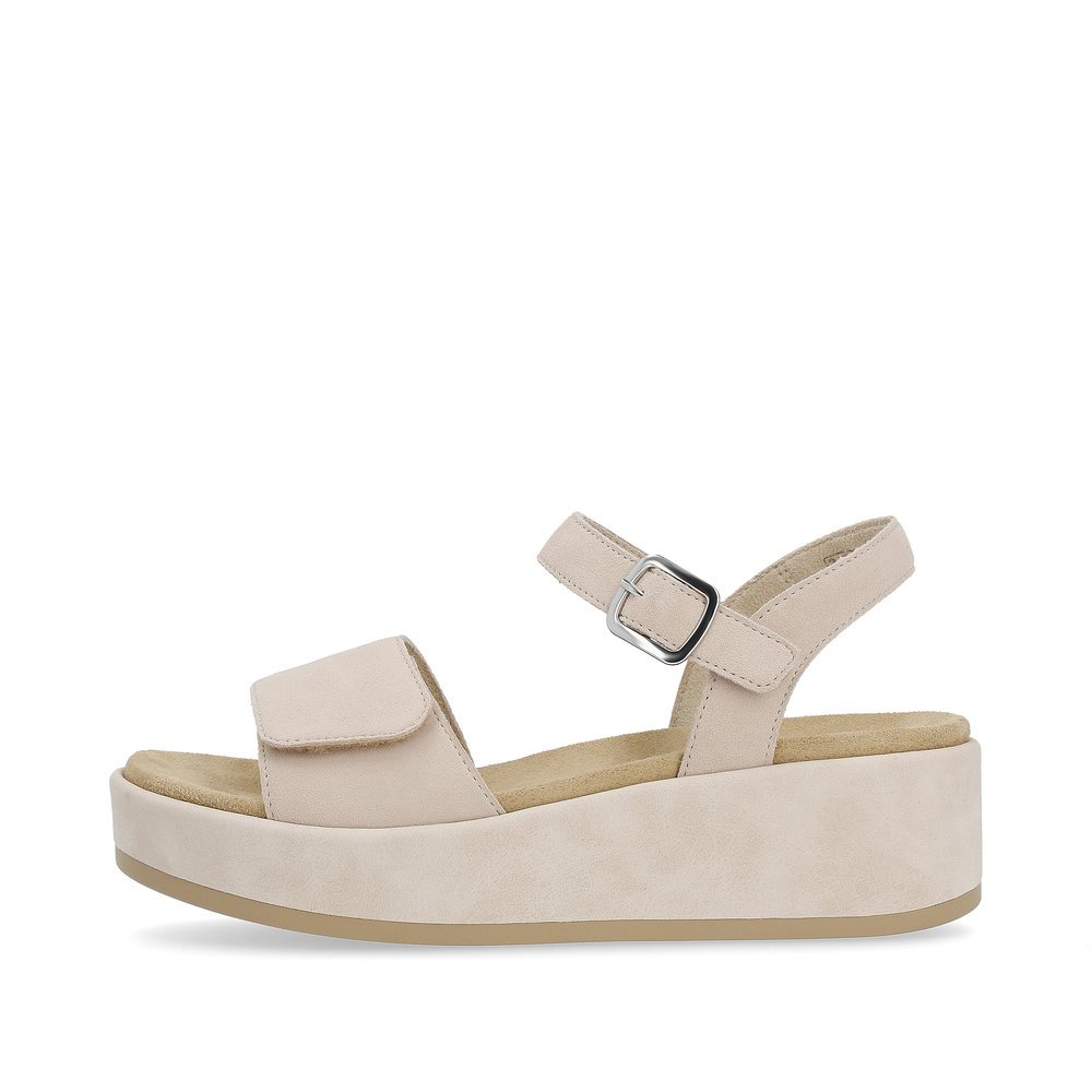 Clay beige remonte women´s strap sandals D1N50-60 with a hook and loop fastener. Outside of the shoe.