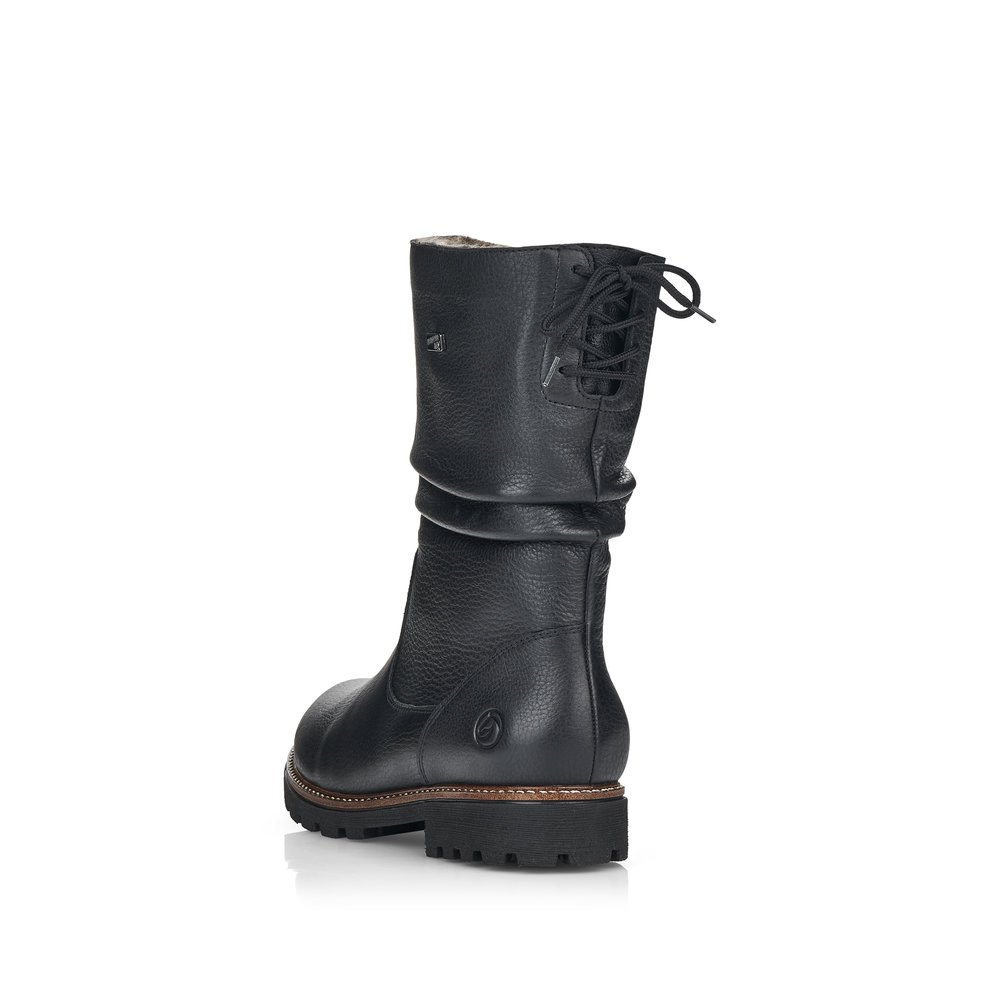 Schwarze remonte Damen Kurzstiefel D8477-01 mit wasserabweisender TEX-Membran. Schuh von hinten.