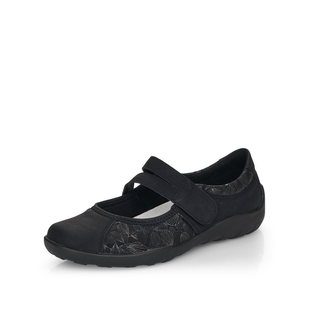 Jet black remonte women´s ballerinas R3510-03 with a hook and loop fastener. Shoe laterally.