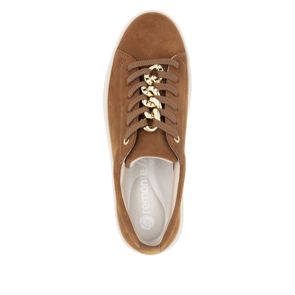 Brown remonte women´s sneakers D1C03-22 with a chain element as well as a zipper. Shoe from the top.