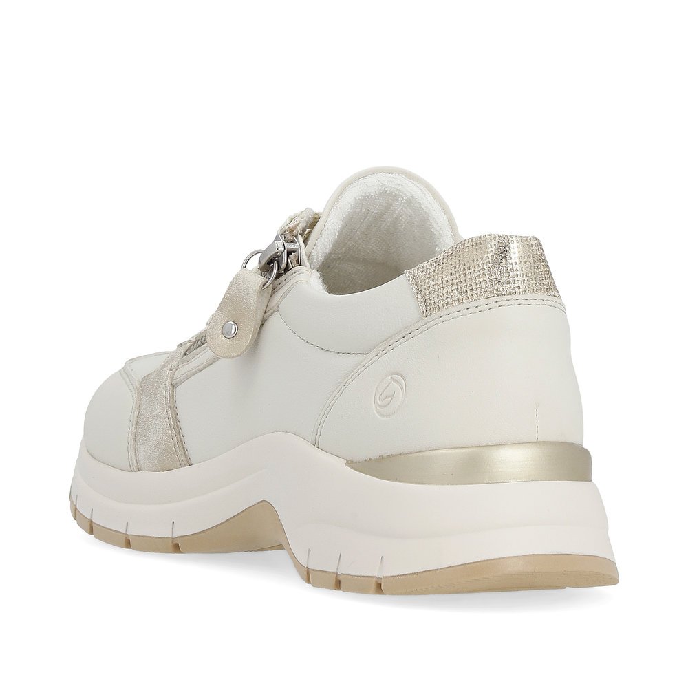 Light beige remonte women´s sneakers D0G09-80 with a zipper and extra width H. Shoe from the back.
