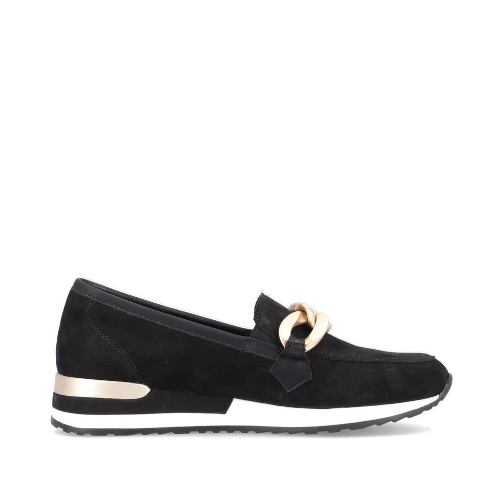 Night black remonte women´s loafers R2544-02 with golden chain. Shoe inside.