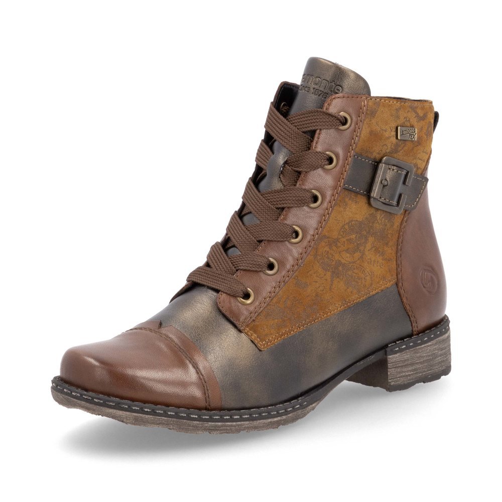 Braune remonte Damen Stiefeletten D4381-24 mit wasserabweisender TEX-Membran. Schuh seitlich schräg.