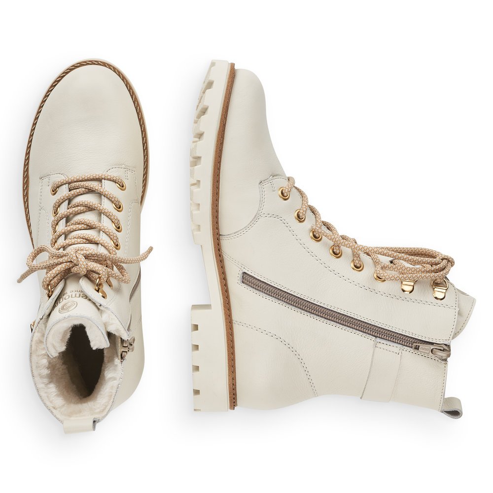 Pearl white remonte women´s lace-up boots D8475-80 with remonteTEX technology. Shoe from the top, lying.