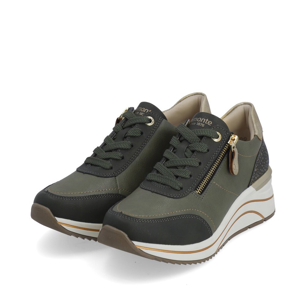 Leaf green remonte women´s sneakers D0T00-54 with a zipper as well as extra width H. Shoes laterally.