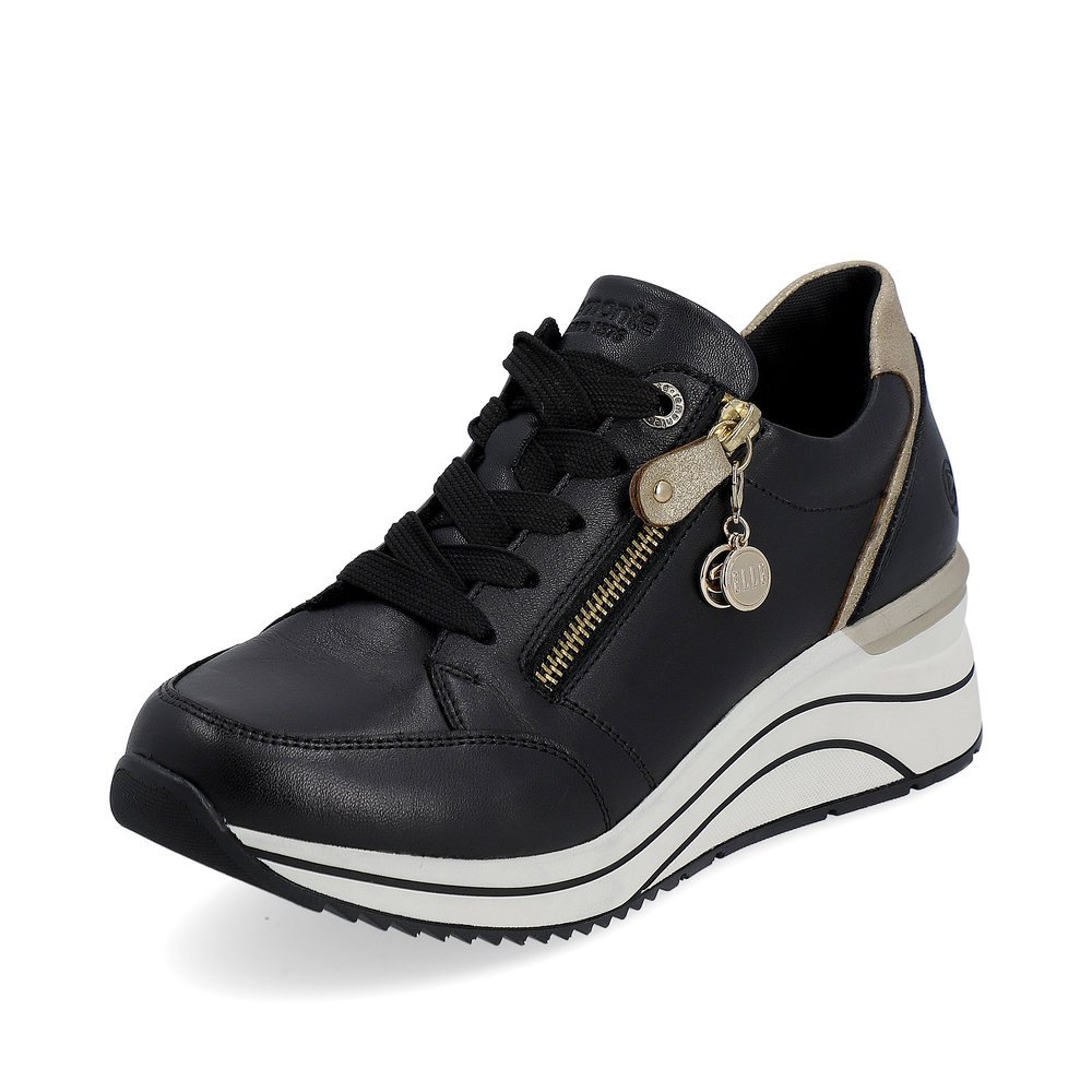 Black remonte women´s sneakers D0T03-01 with a zipper as well as extra width H. Shoe laterally.