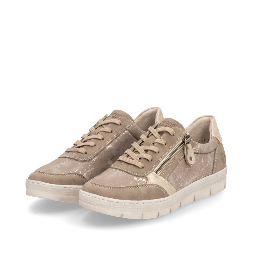 Sand beige remonte women´s sneakers D5831-62 with zipper as well as a padded insole. Shoes laterally.