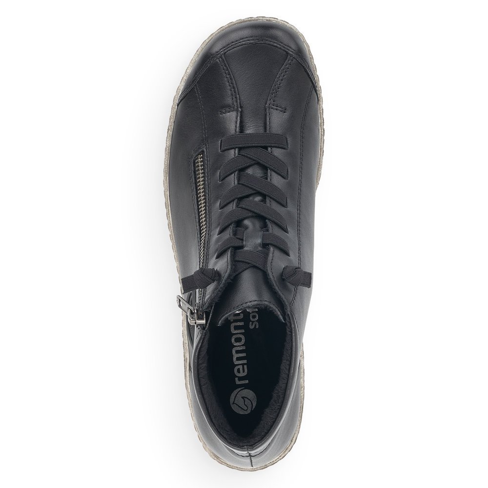 Black remonte women´s lace-up shoes R1498-01 with a black logo as well as a zipper. Shoe from the top.