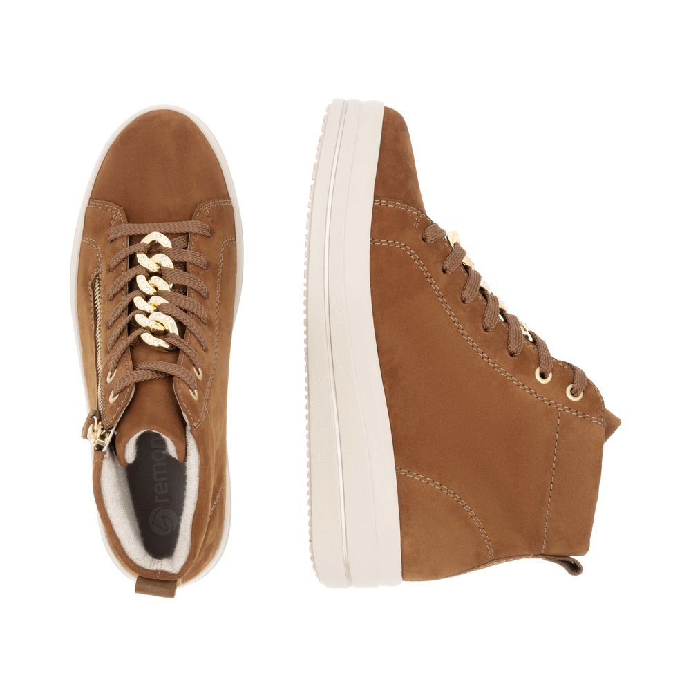 Brown remonte women´s sneakers D1C70-22 with a chain element as well as a zipper. Shoe from the top, lying.