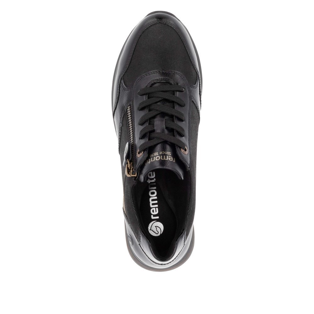 Black vegan remonte women´s sneakers D1G08-03 with zipper as well as padded insole. Shoe from the top.