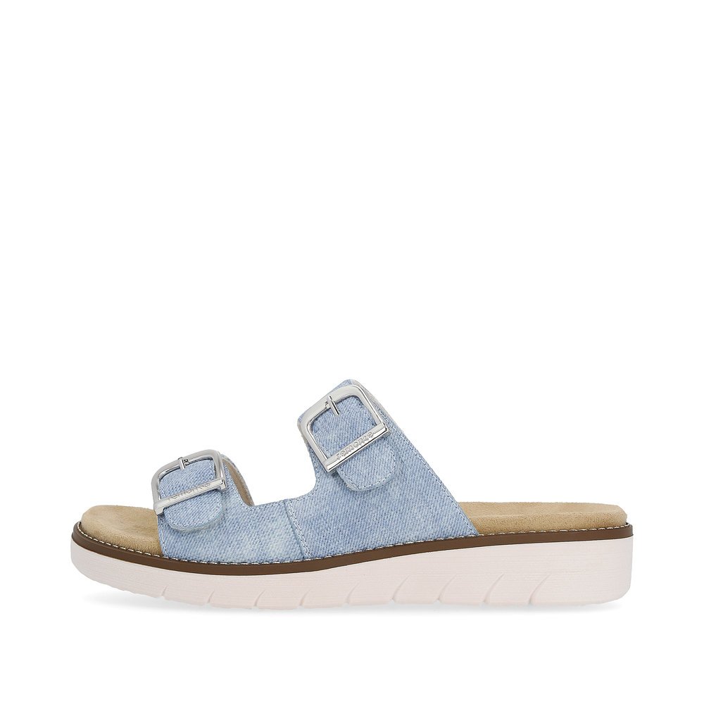 Sea blue remonte women´s mules D2070-14 with a hook and loop fastener. Outside of the shoe.