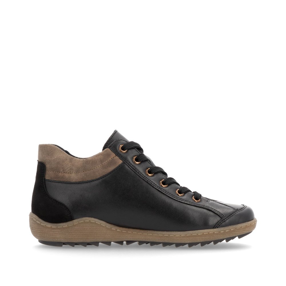 Chaussures à lacets remonte noires pour femme R1477-03 avec logo noir. Intérieur de la chaussure.