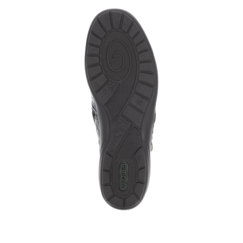 Black remonte women´s slippers R7677-03 with a zipper as well as extra width H. Outsole of the shoe.