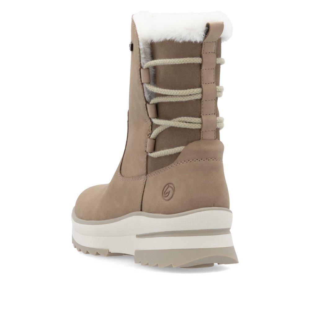 Braunbeige remonte Damen Kurzstiefel D2B72-20 mit griffiger Glass-Fibre Sohle. Schuh von hinten.