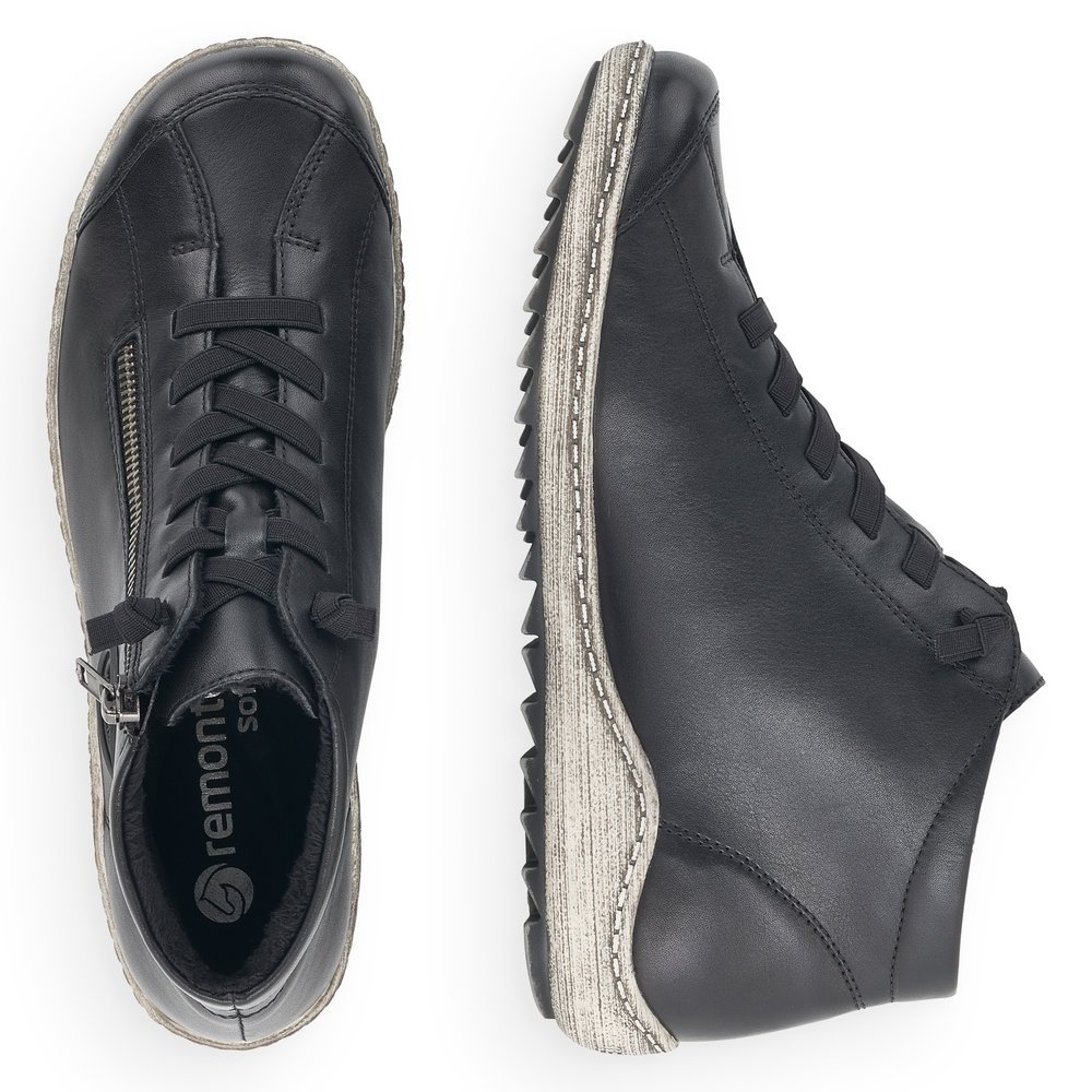 Black remonte women´s lace-up shoes R1498-01 with a black logo as well as a zipper. Shoe from the top, lying.