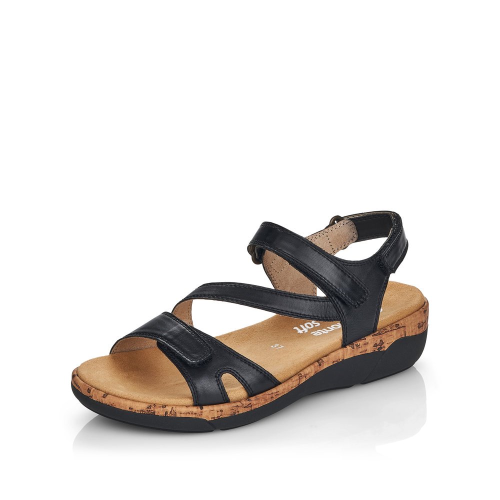 Black remonte women´s strap sandals R6850-01 with hook and loop fastener. Shoe laterally.