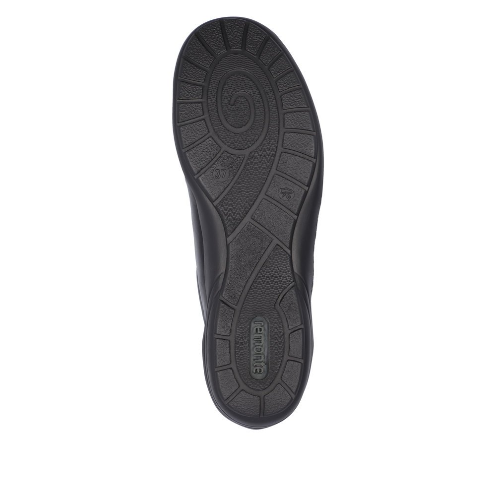 Midnight black remonte women´s slippers R7600-04 with a hook and loop fastener. Outsole of the shoe.