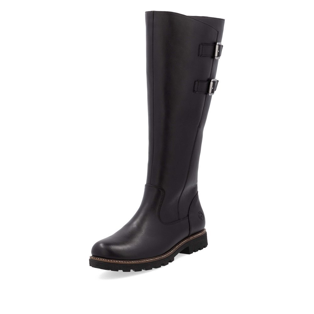 Black remonte women´s high boots D8486-00 with decorative buckles as well as zipper. Shoe laterally.