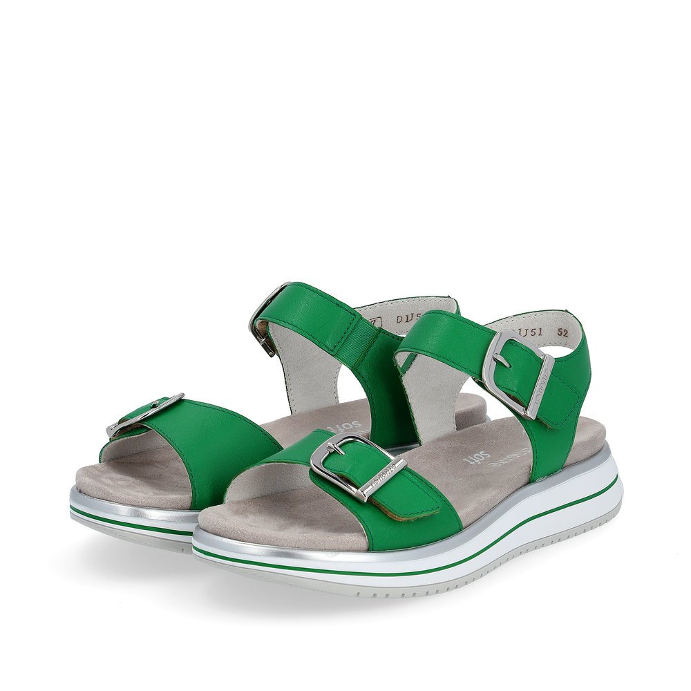 remonte sandales à lanières vertes femmes D1J51-52 avec fermeture velcro. Chaussures inclinée sur le côté.
