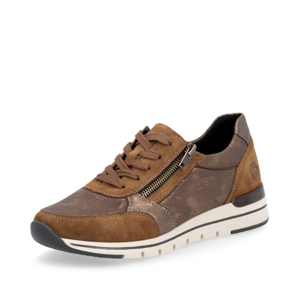 Brown remonte women´s sneakers R6700-22 with a zipper as well as comfort width G. Shoe laterally.