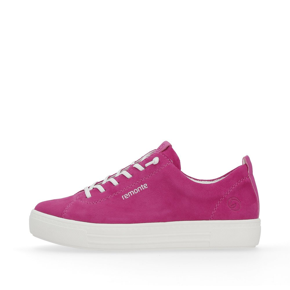 Pink remonte women´s sneakers D0913-31 with a lacing and comfort width G. Outside of the shoe.
