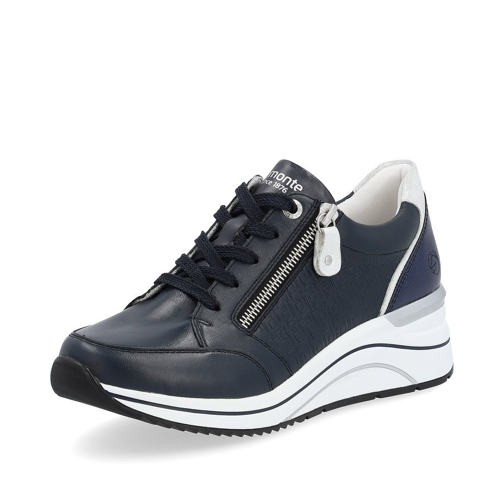 Navy blue remonte women´s sneakers D0T03-14 with a zipper and extra width H. Shoe laterally.