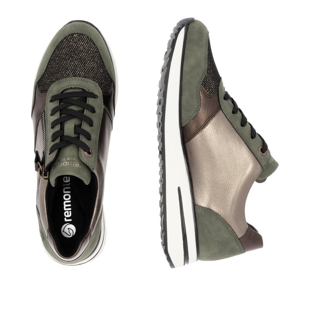 Bronze vegan remonte women´s sneakers D1G08-90 with zipper as well as padded insole. Shoe from the top, lying.