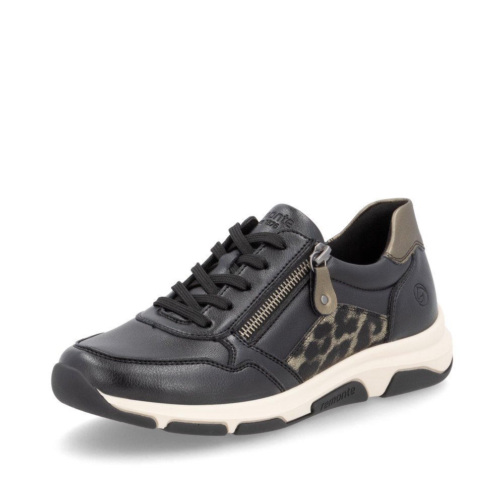 Black vegan remonte women´s sneakers D1S01-03 with animal print as well as a zipper. Shoe laterally.