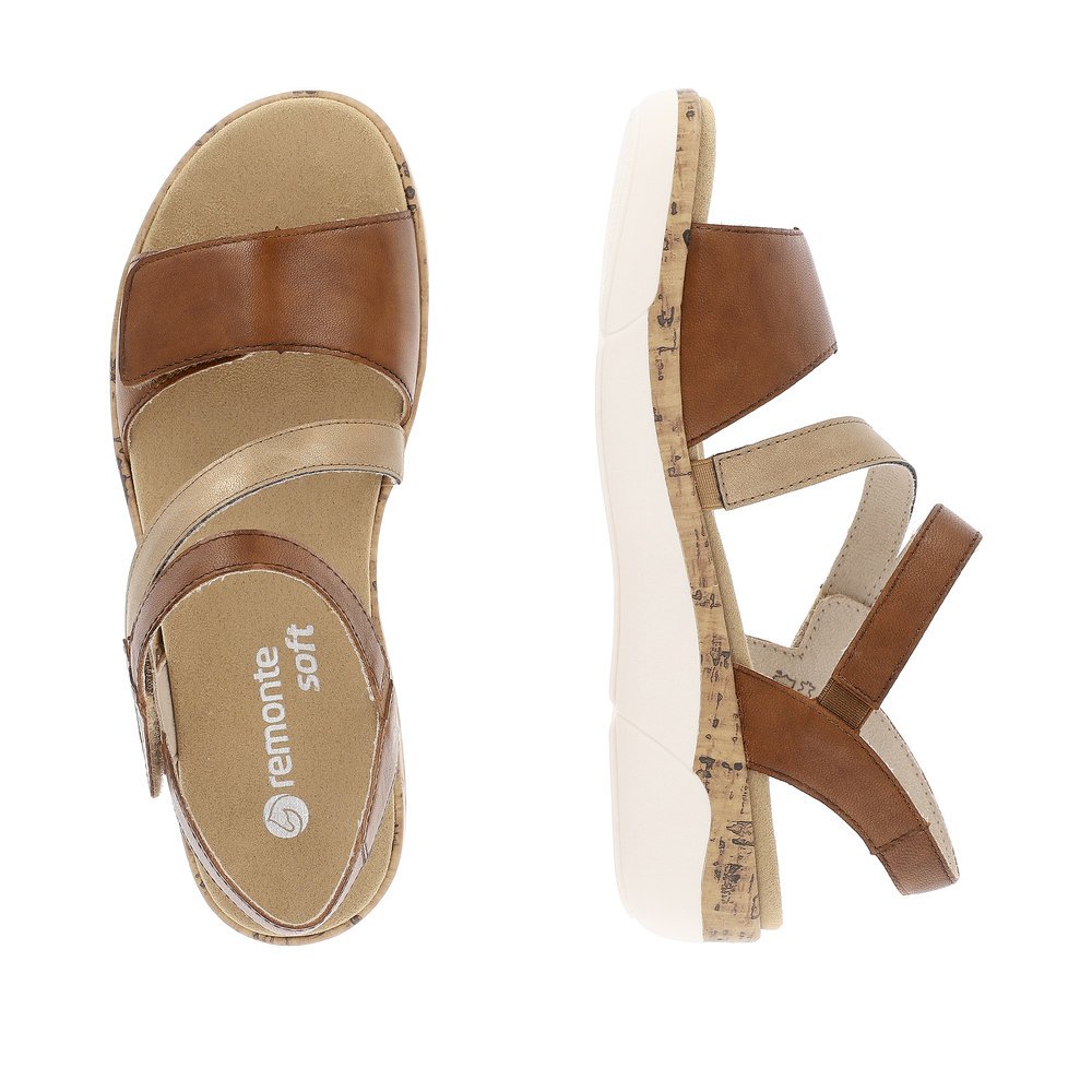 Brown remonte women´s strap sandals R6860-24 with a hook and loop fastener. Shoe from the top, lying.