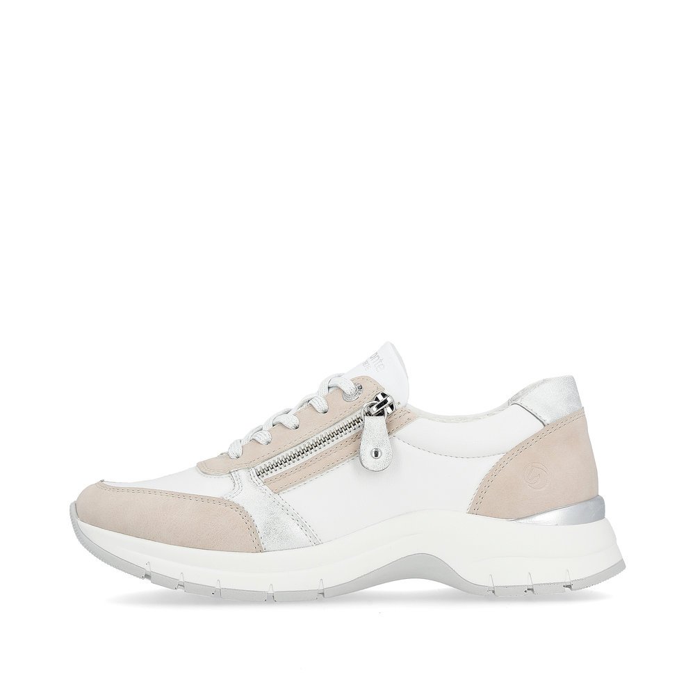 White remonte women´s sneakers D0G09-81 with a zipper and extra width H. Outside of the shoe.