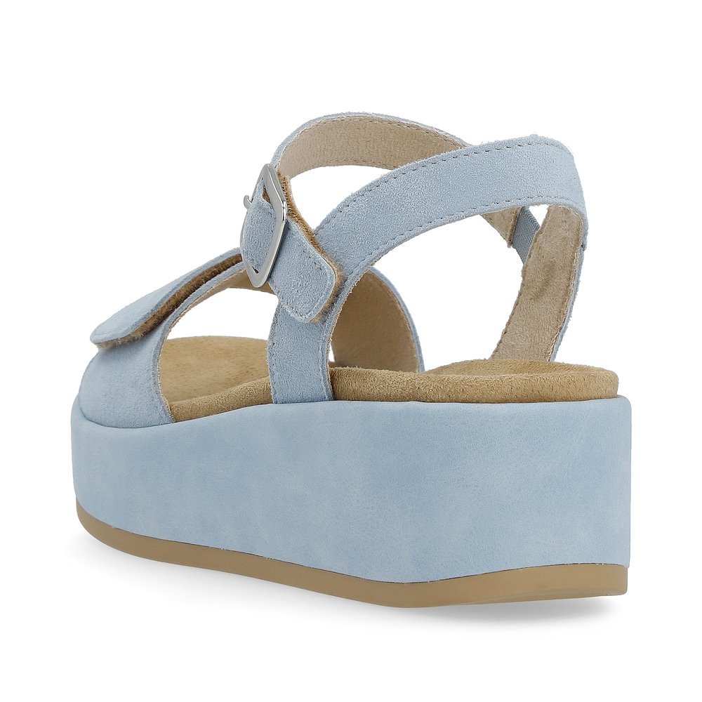 Ice blue remonte women´s strap sandals D1N50-10 with hook and loop fastener. Shoe from the back.