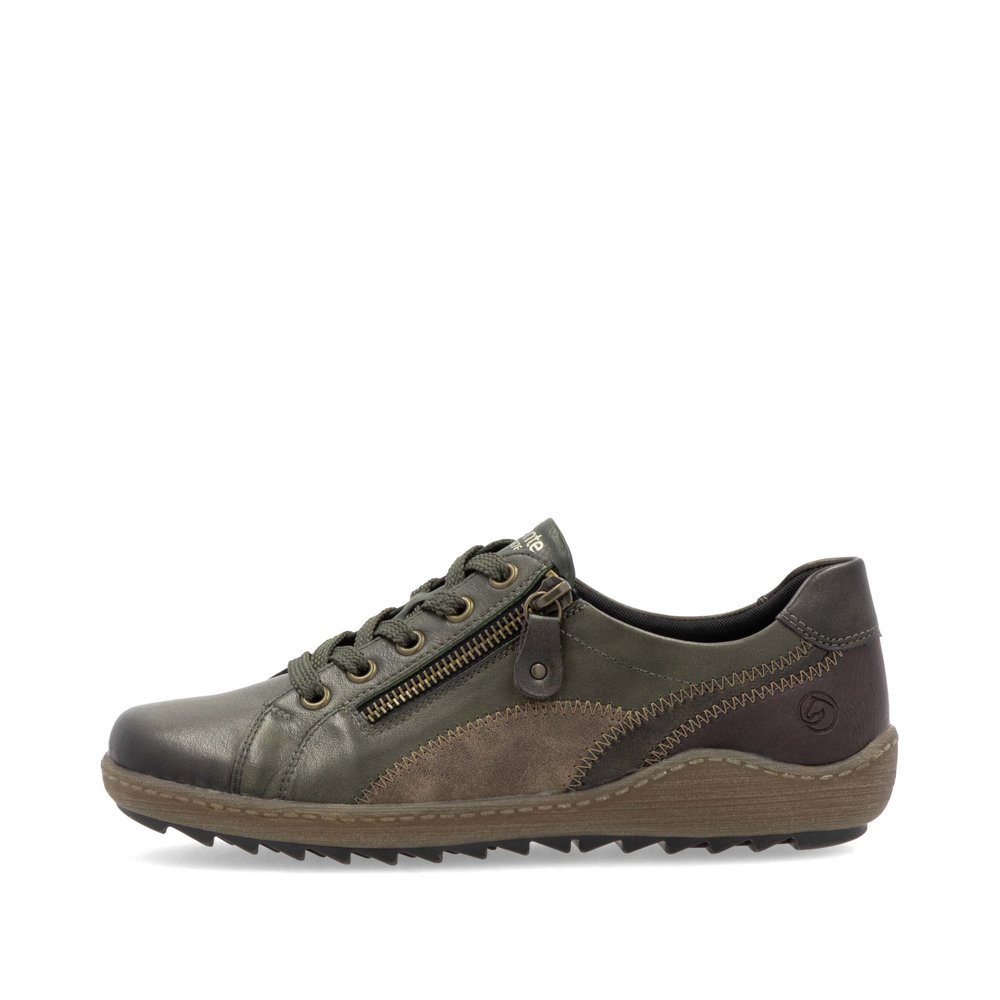 Chaussures à lacets remonte vertes femme R1439-52 avec fermeture éclair. Côté extérieur de la chaussure.