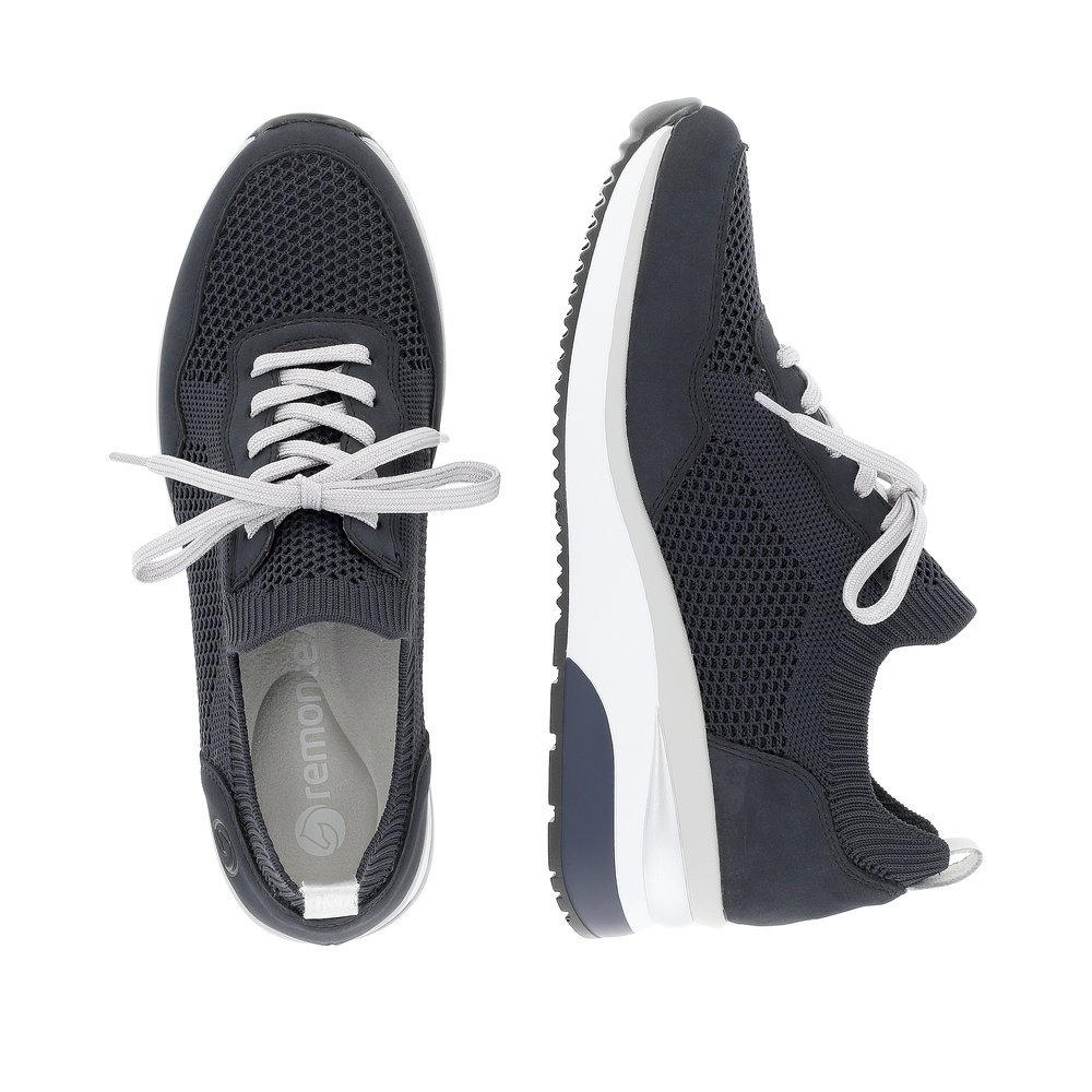 Navy blue remonte women´s sneakers D2406-14 with elastic insert and comfort width G. Shoe from the top, lying.