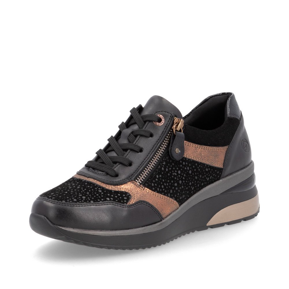 Jet black remonte women´s sneakers D2416-03 with zipper as well as comfort width G. Shoe laterally.