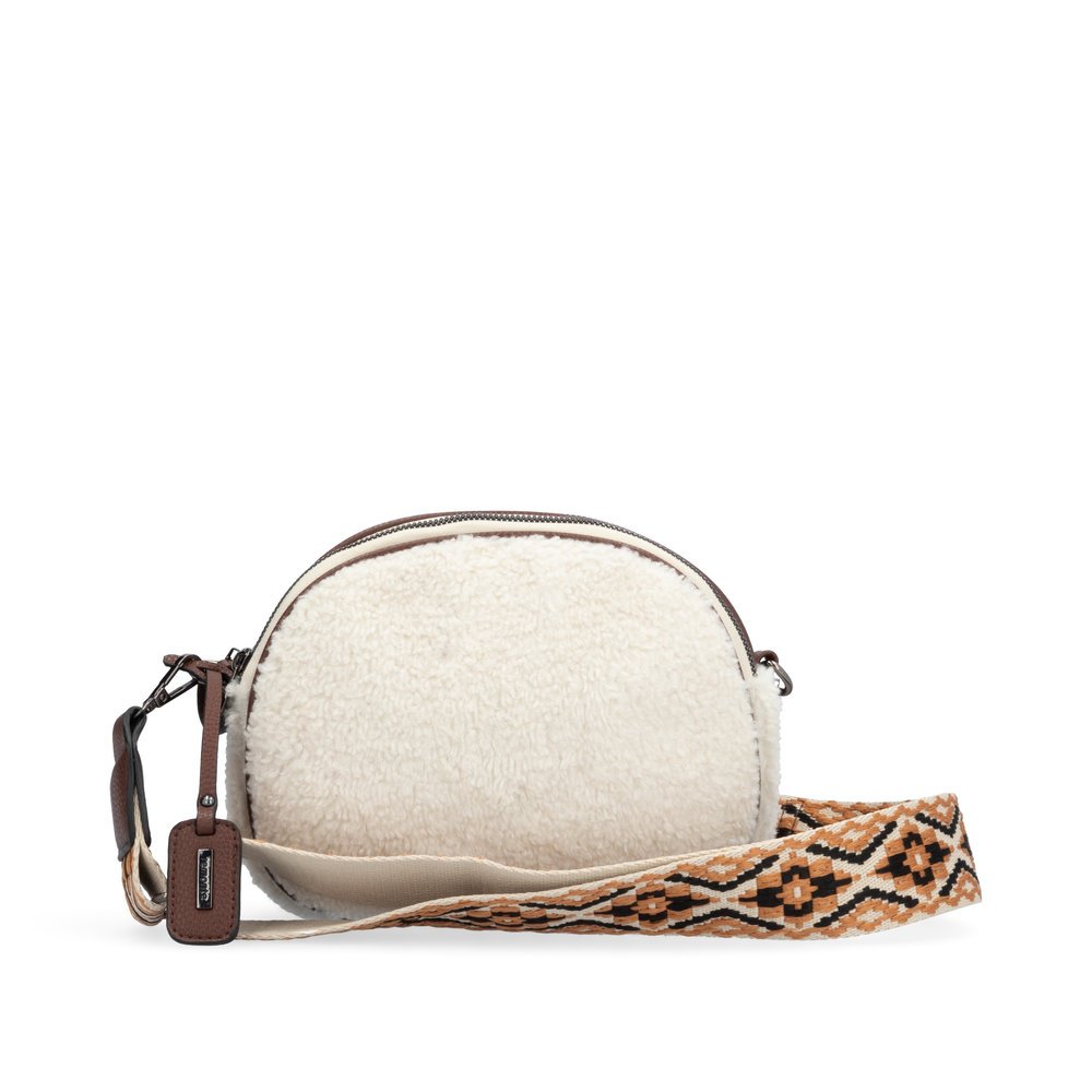 Sac à bandoulière remonte Q0634-80 blanc avec un aspect ourson, une fermeture éclair, une poche pour téléphone portable et une bandoulière amovible colorée. Face avant.