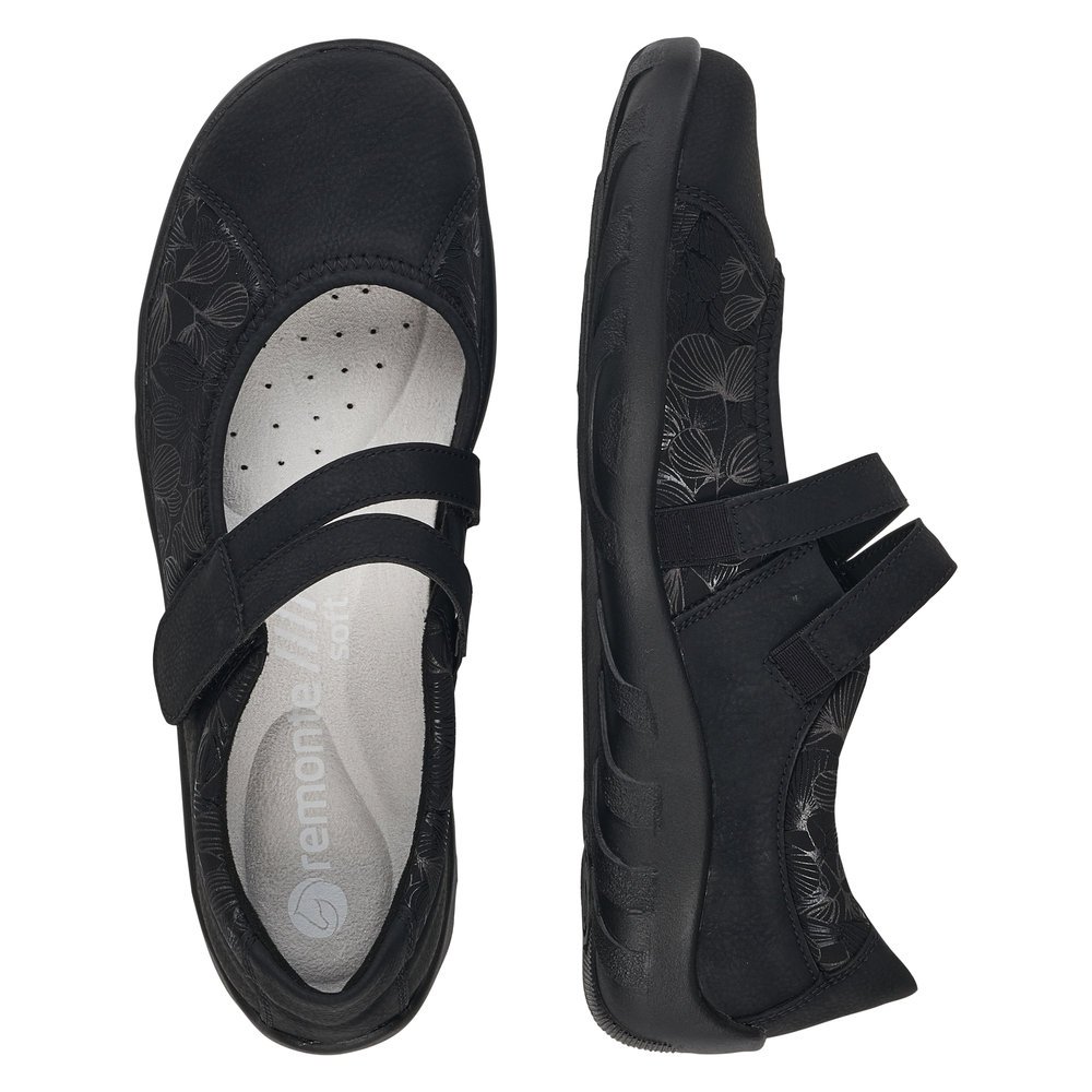 Jet black remonte women´s ballerinas R3510-03 with a hook and loop fastener. Shoe from the top, lying.
