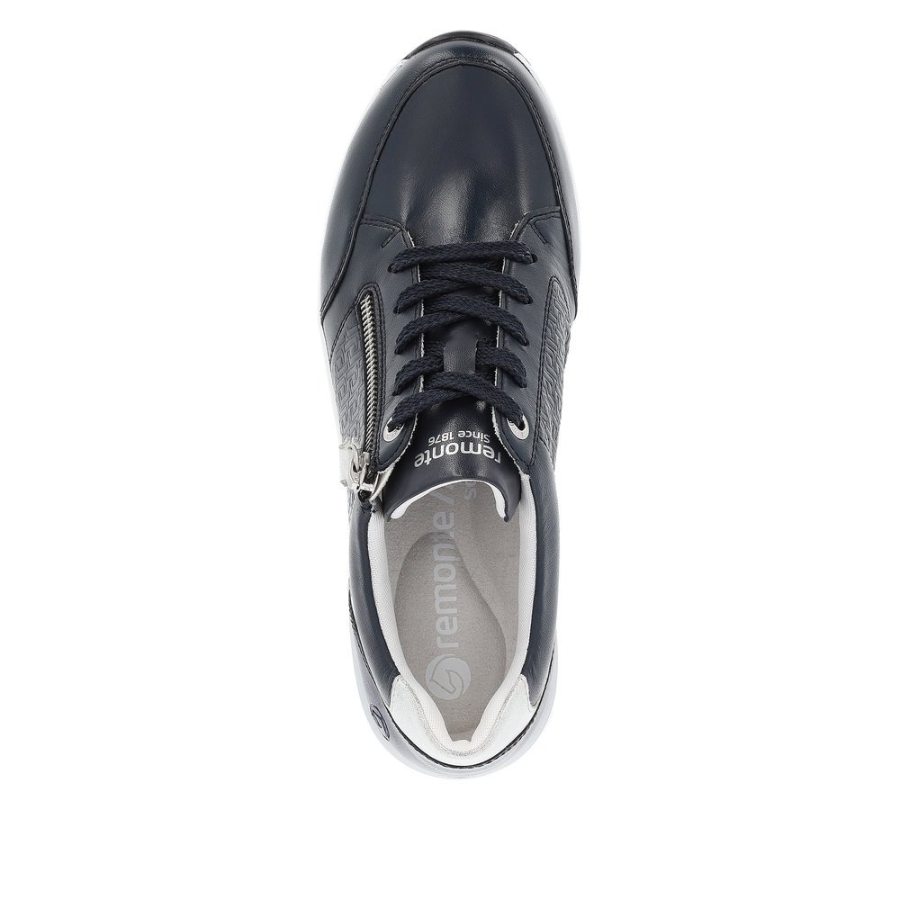 Navy blue remonte women´s sneakers D0T03-14 with a zipper and extra width H. Shoe from the top.