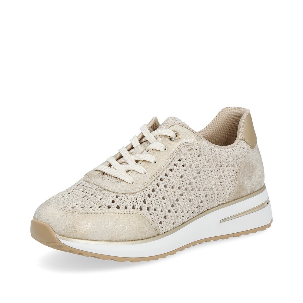 Beige remonte women´s sneakers D1G04-60 with a lacing and perforated look. Shoe laterally.