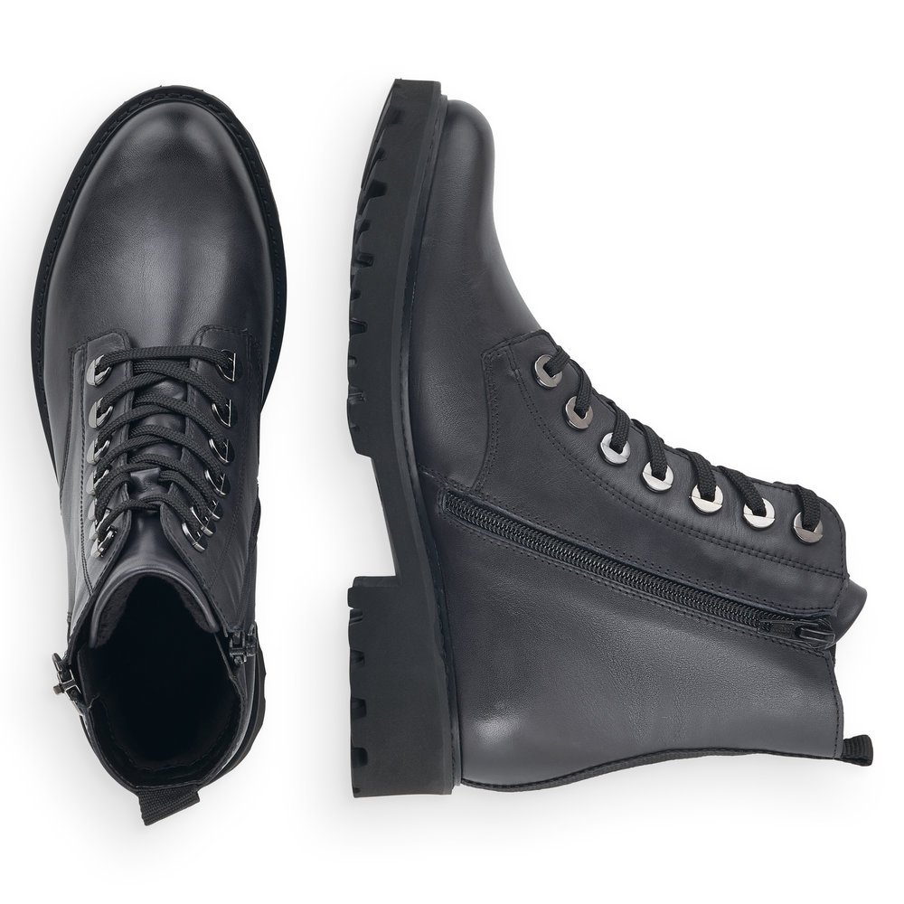 Black blue remonte women´s biker boots D8671-14 with a distinctive eyelets. Shoe from the top, lying.